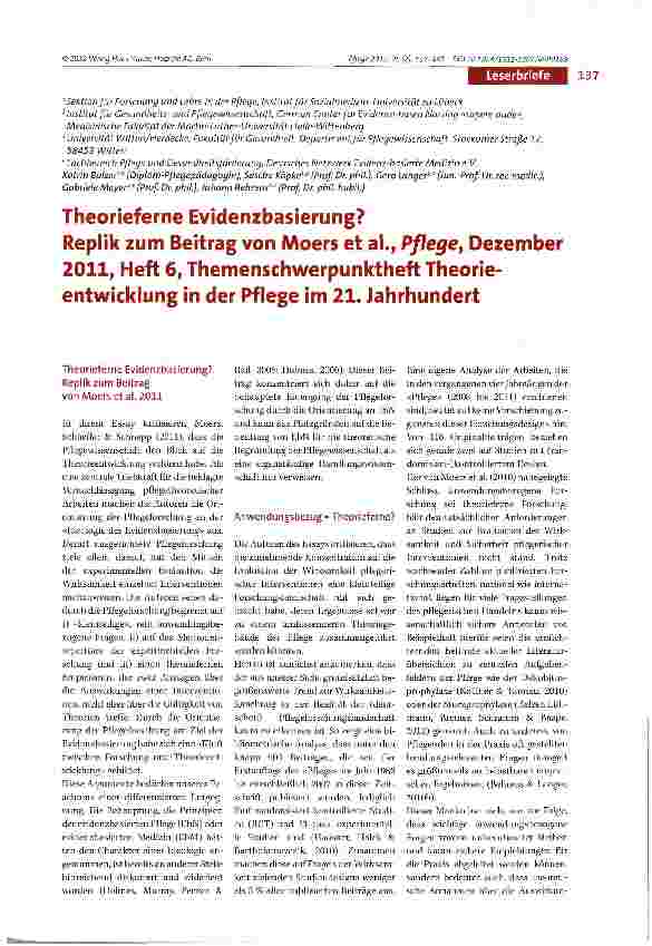 Vorschauseite 1: Theoriefeme Evidenzbasierung? Replik zum Beitrag von Moers et al., Pflege, Dezember 2011, Heft 6, Themenschwerpunktheft Theorieentwicklung in der Pflege im 21. Jahrhundert