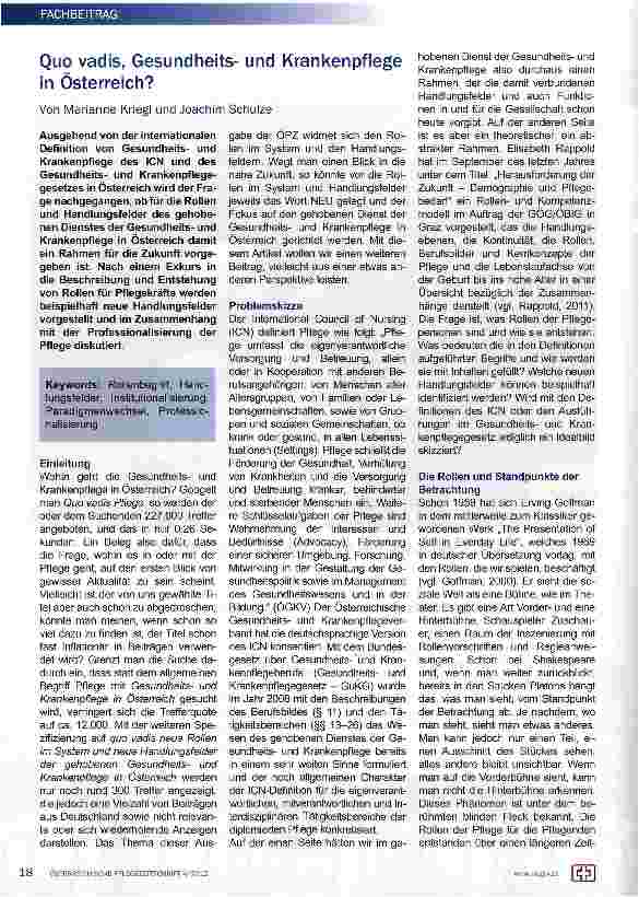 Vorschauseite 1: Quo vadis, Gesundheitsund Krankenpflege in Österreich?