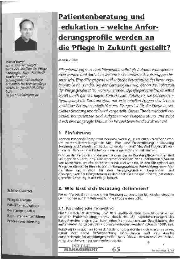 Vorschauseite 1: Patientenberatung und -edukation - welche Anforderungsprofile werden an die Pflege in Zukunft gestellt?