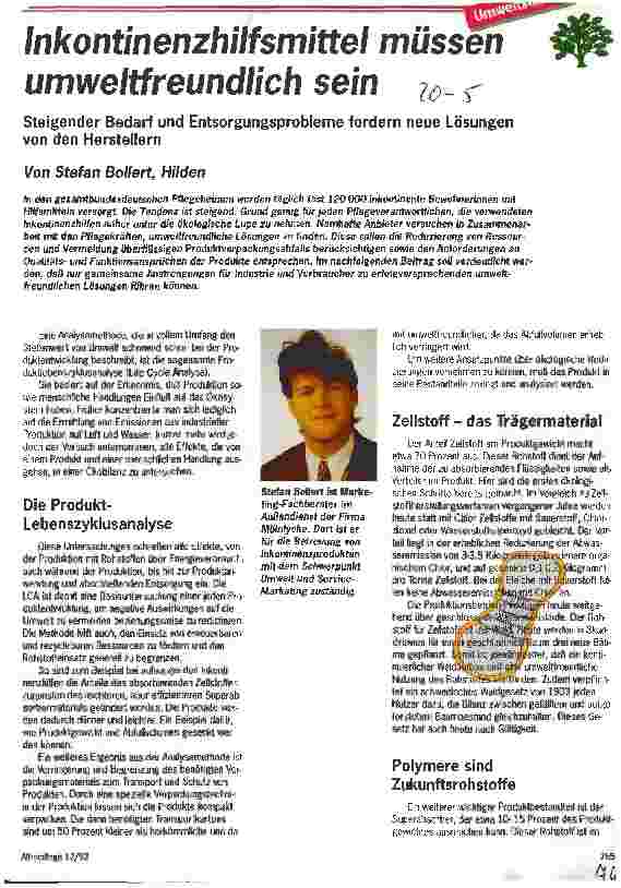 Vorschauseite 1: Inkontinenzhilfsmittel müssen umweltfreundlich sein Steigender Bedarf und Entsorgungsprobleme fordern neue Lösungen