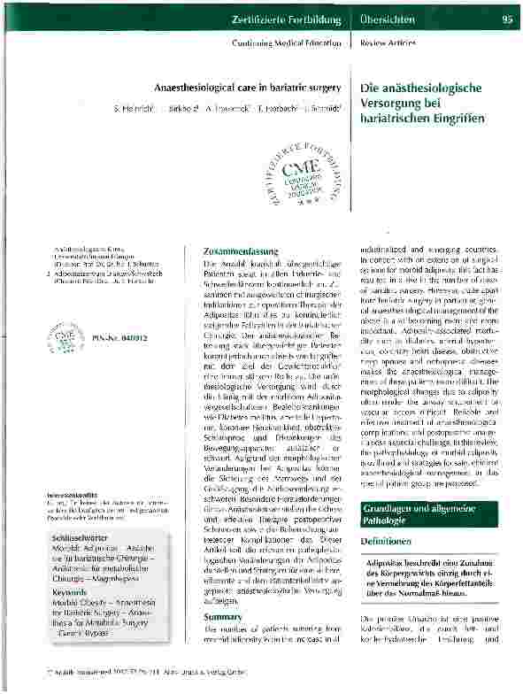 Vorschauseite 1: Die anästhesiologische Versorgung bei bariatrischen Eingriffen