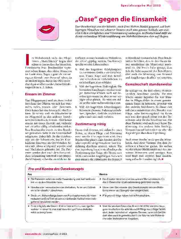 Vorschauseite 1: Demenz und Pflegemodelle „Oase gegen die Einsamkeit