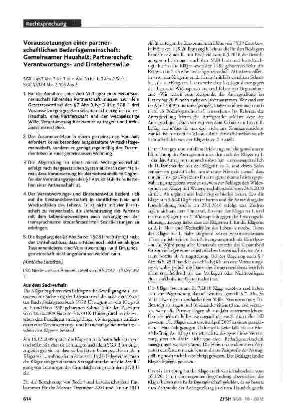 Vorschauseite 1: Voraussetzungen einer partnerschaftlichen Bedarfsgemeinschaft: Gemeinsamer Haushalt; Partnerschaft; Verantwortungsund Einstehenswille
