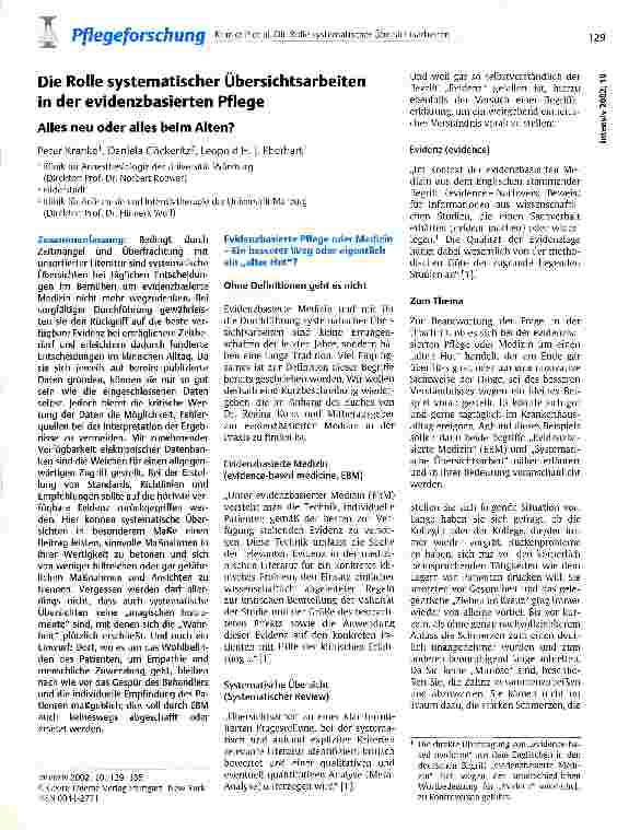 Vorschauseite 1: Die Rolle systematischer Übersichtsarbeiten in der evidenzbasierten Pflege Alles neu oder alles beim Alten?