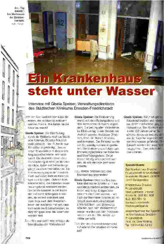 Vorschauseite 1: Ein Krankenhaus steht unter Wasser Interview mit Gisela Speiser, Verwaltungsdirektorin des Städtischen Klinikums Dresden-Friedrichstadt