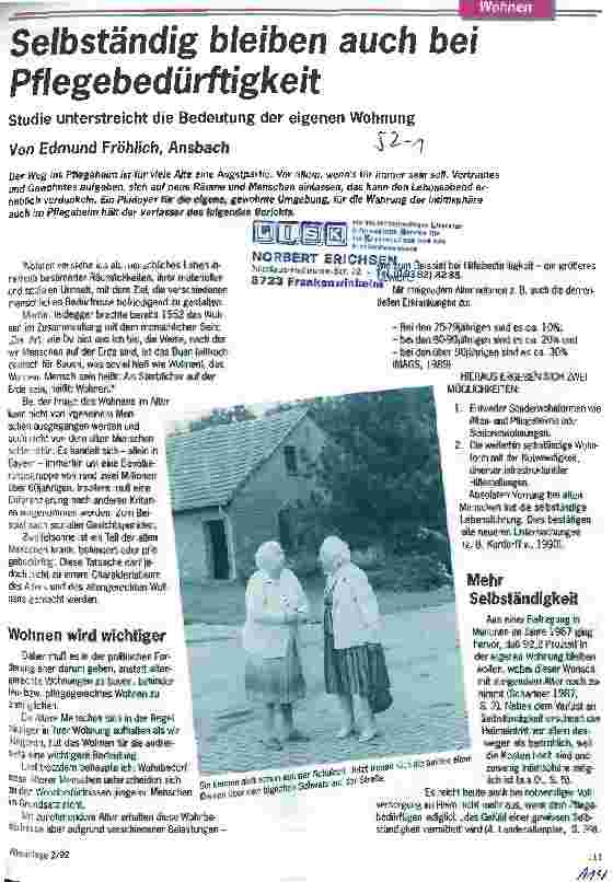 Vorschauseite 1: Selbständig bleiben auch bei Pflegebedürftigen Studie unterstreicht die Bedeutung der eigenen Wohnung