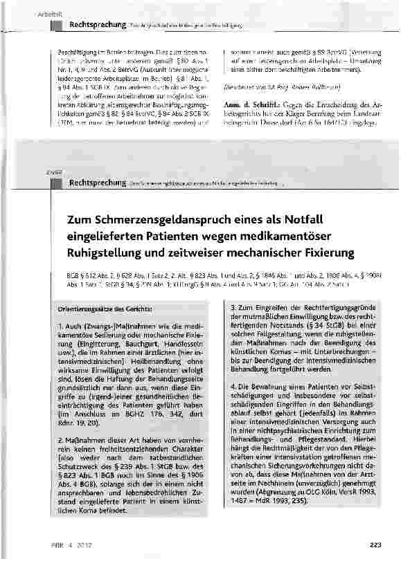 Vorschauseite 1: Zum Schmerzensgeldanspruch eines als Notfall eingelieferten Patienten wegen medikamentöser Ruhigstellung und zeitweiser mechanischer Fixierung