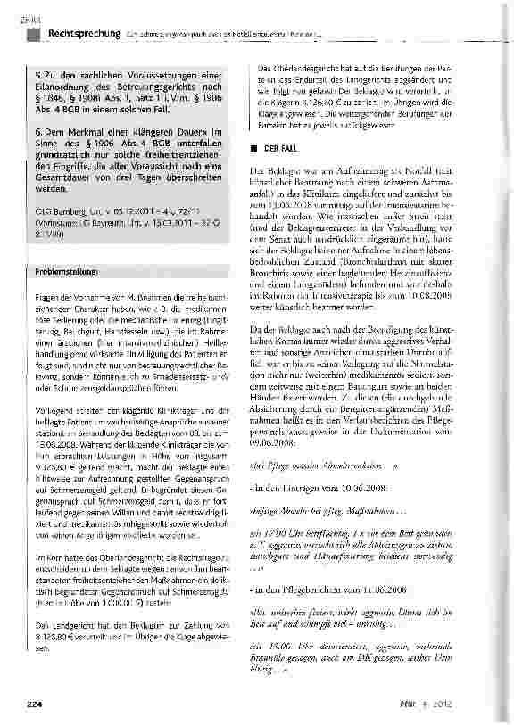 Vorschauseite 2: Zum Schmerzensgeldanspruch eines als Notfall eingelieferten Patienten wegen medikamentöser Ruhigstellung und zeitweiser mechanischer Fixierung