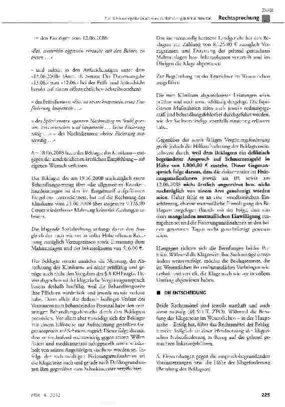 Vorschauseite 3: Zum Schmerzensgeldanspruch eines als Notfall eingelieferten Patienten wegen medikamentöser Ruhigstellung und zeitweiser mechanischer Fixierung