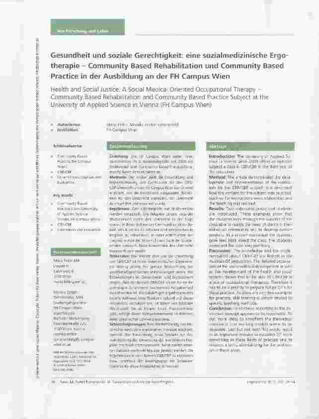 Vorschauseite 1: Gesundheit und soziale Gerechtigkeit: eine sozialmedizinische Ergotherapie Community Based Rehabilitation und Community Based Practice in der Ausbildung an der FH Campus Wien