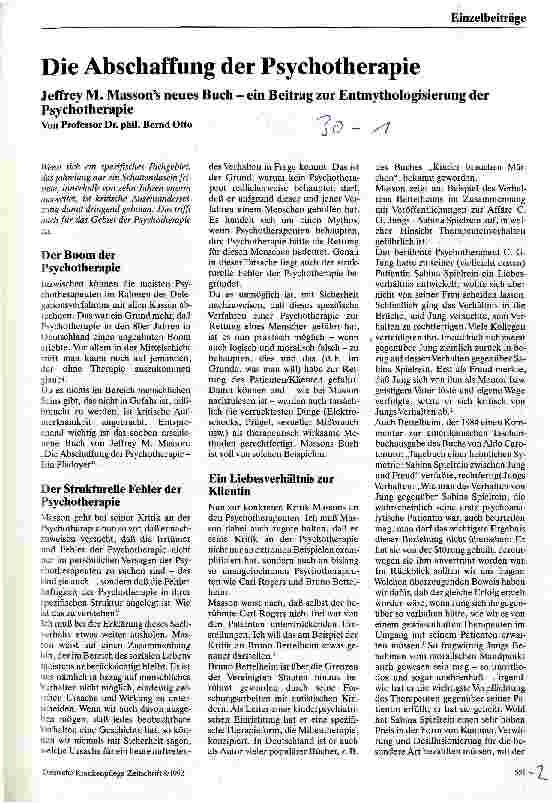 Vorschauseite 1: Die Abschaffung der Psychotherapie Jeffrey M. Masson´s neues Buch - ein Beitrag zur Entmythologisierung