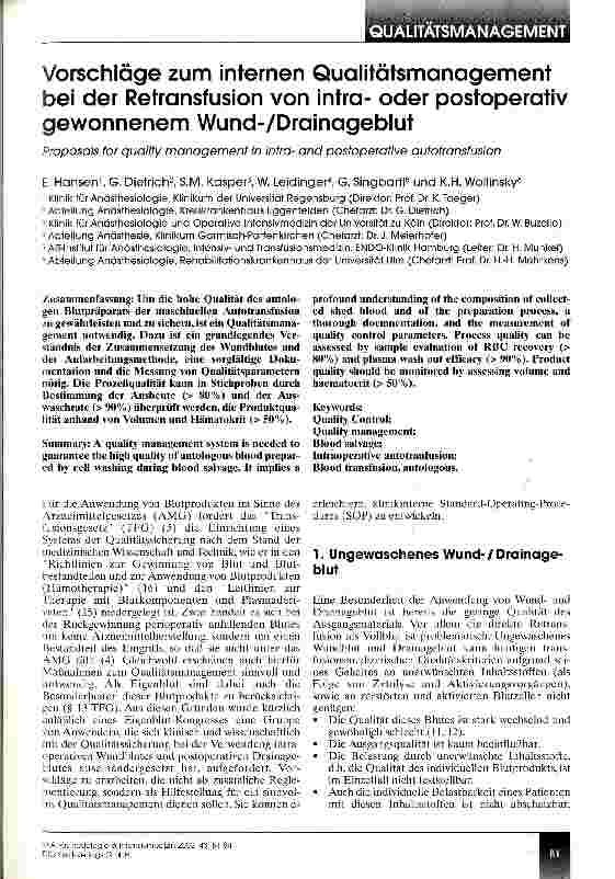 Vorschauseite 1: Vorschläge zum internen Qualitätsmanagement bei der Retransfuson von intraoder postoperativ gewonnenem Wund- /Drainageblut
