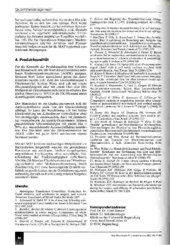 Vorschauseite 4: Vorschläge zum internen Qualitätsmanagement bei der Retransfuson von intraoder postoperativ gewonnenem Wund- /Drainageblut