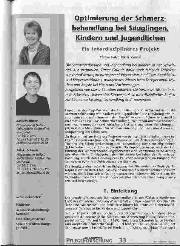 Vorschauseite 1: Optimierung der Schmerzbehandlung bei Säuglingen, Kindern und Jugendlichen Ein interdisziplinäres Projekt