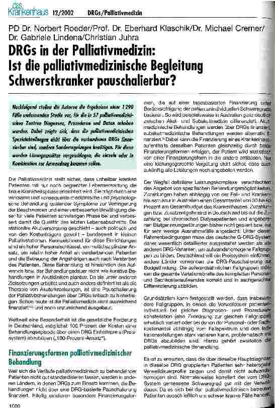 Vorschauseite 1: DRGs in der Palliativmedizin Ist die palliativmedizinische Begleitung Schwerstkranker pauschalierbar?