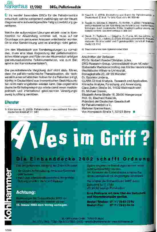 Vorschauseite 5: DRGs in der Palliativmedizin Ist die palliativmedizinische Begleitung Schwerstkranker pauschalierbar?