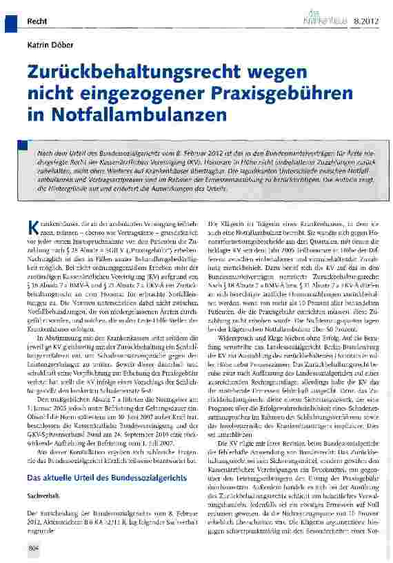 Vorschauseite 1: Zurückbehaltungsrecht wegen nicht eingezogener Praxisgebühren in Notfallambulanzen