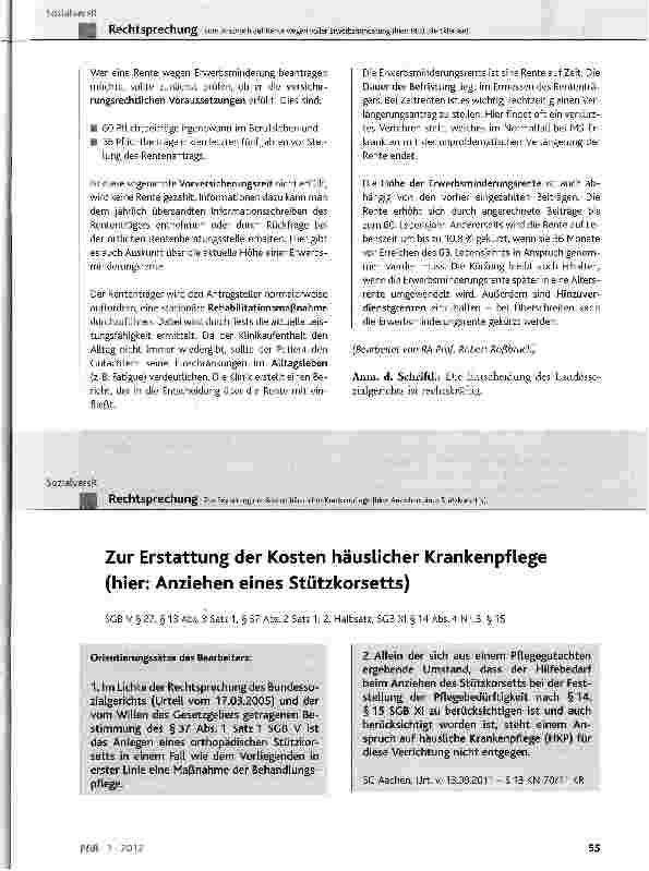 Vorschauseite 1: Zur Erstattung der Kosten häuslicher Krankenpflege (hier: Anziehen eines Stützkorsetts)