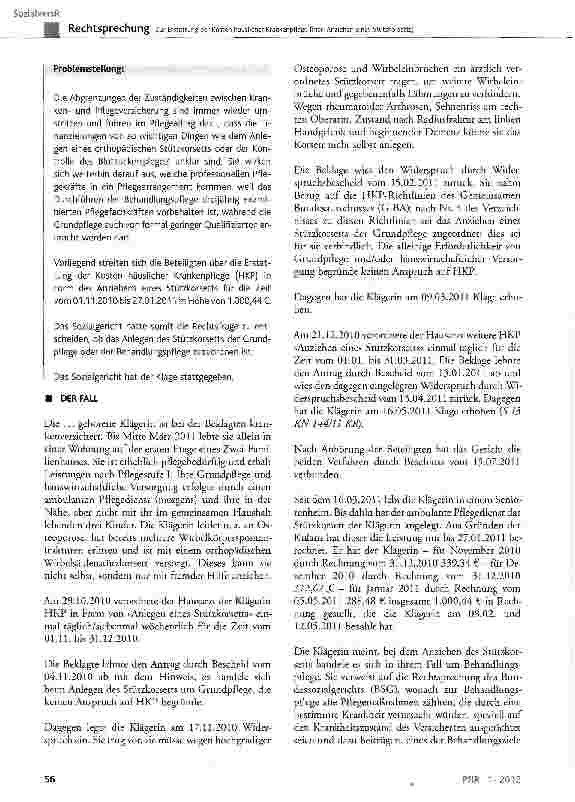 Vorschauseite 2: Zur Erstattung der Kosten häuslicher Krankenpflege (hier: Anziehen eines Stützkorsetts)