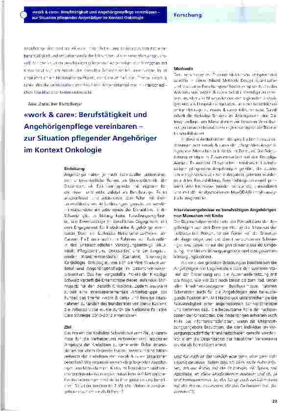 Vorschauseite 1: «work & care»: Berufstätigkeit und Angehörigenpflege vereinbaren -zur Situation pflegender Angehöriger im Kontext Onkologie