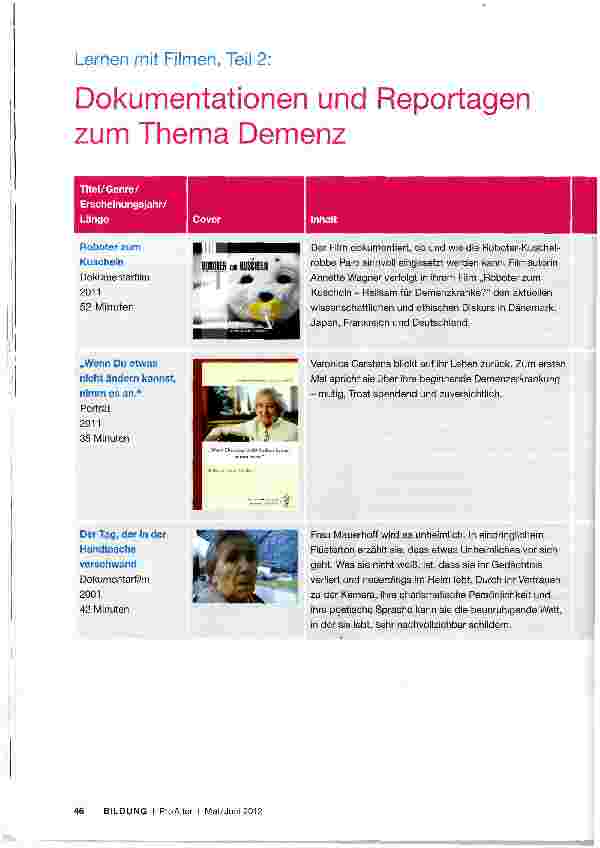 Vorschauseite 1: Lernen mit Filmen, Teil 2: Dokumentationen und Reportagen zum Thema Demenz