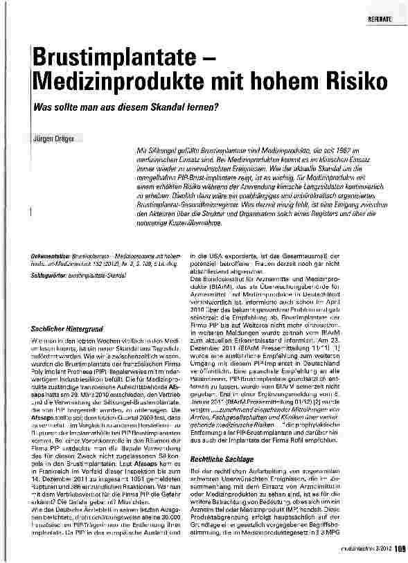 Vorschauseite 1: Brustimplantate -Medizinprodukte mit hohem Risiko