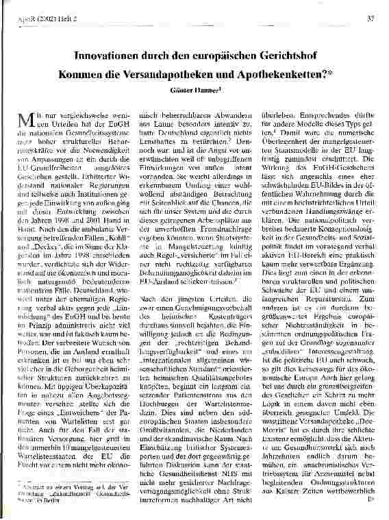 Vorschauseite 1: Innovationen durch den europäischen Gerichtshof Kommen die Versandapotheken und Apothekenketten?