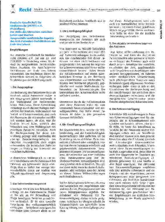 Vorschauseite 2: Der Patientenwille am Ende des Lebens - Empfehlungen zu medizinrechtlichen Aspekten vorgelegt