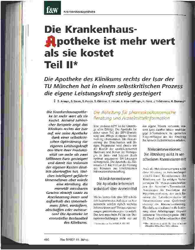 Vorschauseite 1: Die Krankenhaus-Apotheke ist mehr wert als sie kostet Teil II