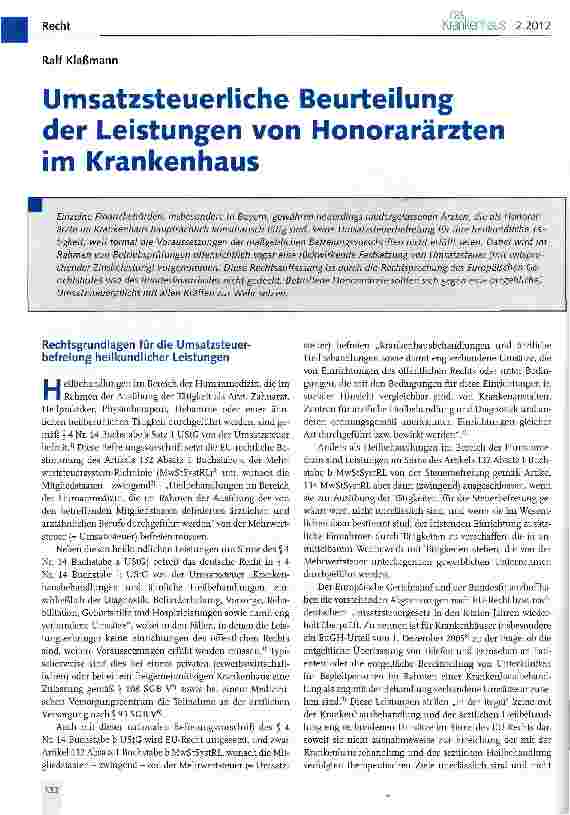 Vorschauseite 1: Umsatzsteuerliche Beurteilung der Leistungen von Honorarärzten im Krankenhaus