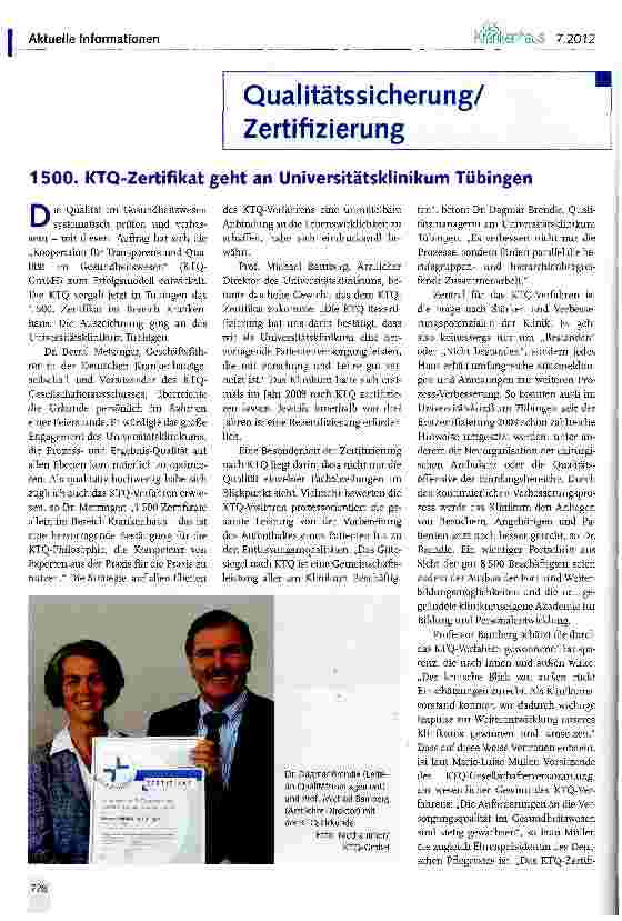 Vorschauseite 1: 1500. KTQ-Zertifikat geht an Universitätsklinikum Tübingen
