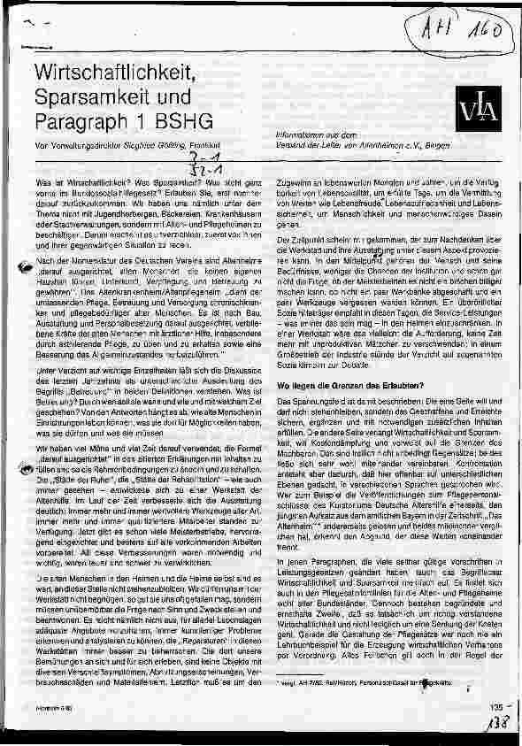 Vorschauseite 1: Wirtschaftlichkeit, Sparsamkeit und Paragraph 1 BSHG