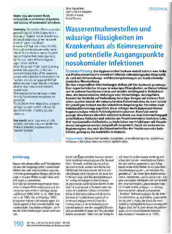 Vorschauseite 1: Wasserentnahmestellen und wässrige Flüssigkeiten im Krankenhaus als Keimreservoire und potentielle Ausgangspunkte nosokomialer Infektionen