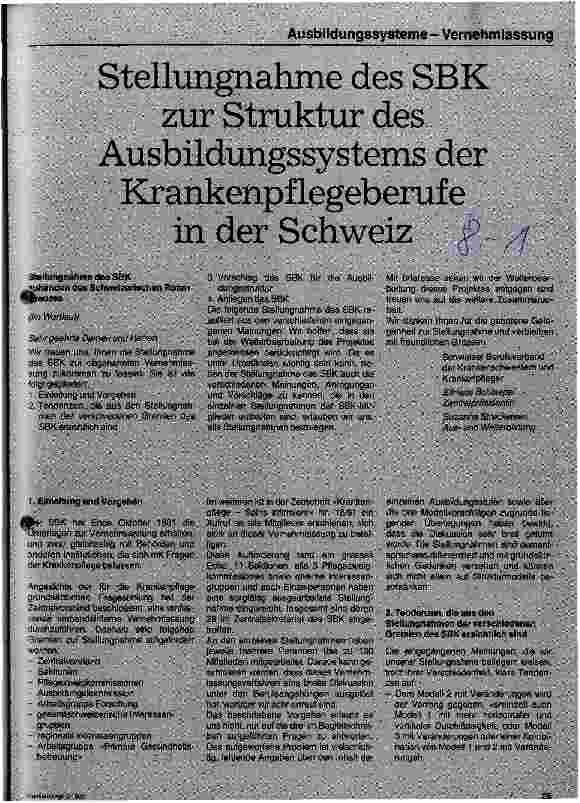 Vorschauseite 1: Stellungnahme des SBK zur Struktur des Ausbildungssystems der Krankenpflegeberufe in der Schweiz