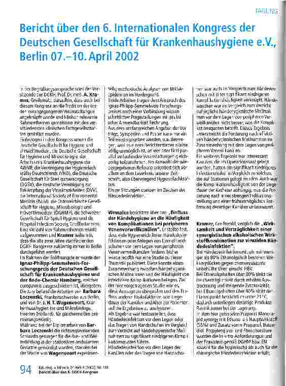Vorschauseite 1: Bericht über den 6. Internationalen Kongress der Deutschen Gesellschaft für Krankenhaushygiene e.V., Berlin 07.-10. April 2002