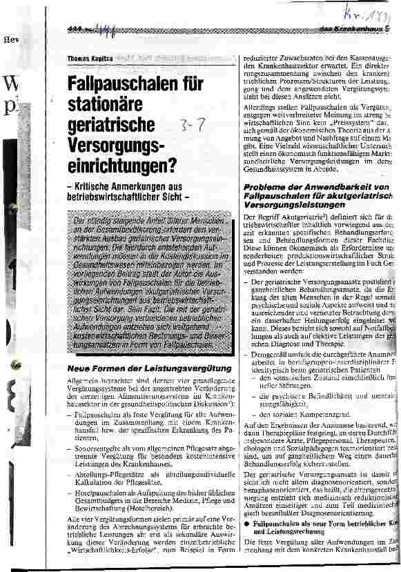 Vorschauseite 1: Fallpauschalen für stationäre geriatrische Versorgungseinrichtungen? Kritische Anmerkungen aus betriebswirtschaftlicher Sicht