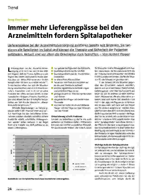 Vorschauseite 1: Immer mehr Lieferengpässe bei den Arzneimitteln fordern Spitalapotheker