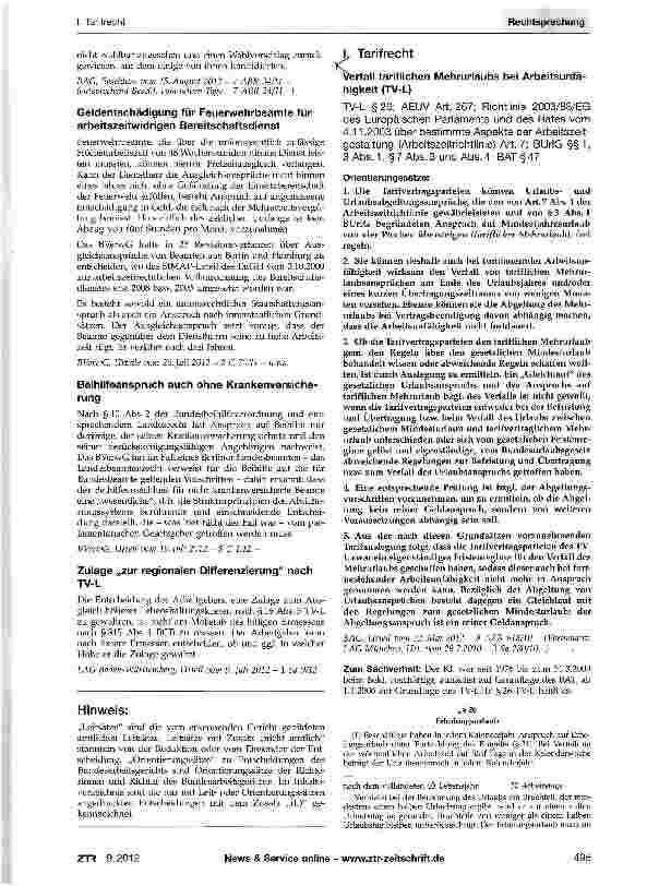 Vorschauseite 1: Verfall tariflichen Mehrurlaubs bei Arbeitsunfähigkeit (TV-L) TV-L §26; AEUV Art. 267; Richtlinie 2003/88/EG des Europäischen Parlaments und des Rates vom 4.11.2003 über bestimmte…