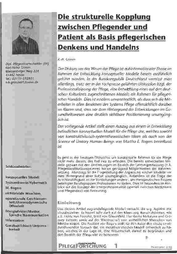 Vorschauseite 1: Die strukturelle Kopplung zwischen Pflegender und Patient als Basis pflegerischen Denkens und Handelns
