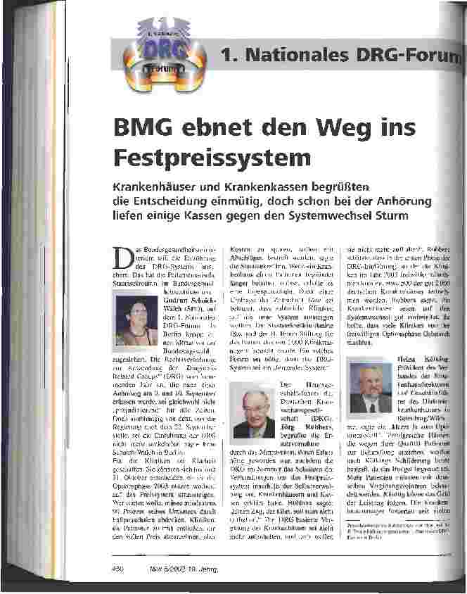Vorschauseite 1: BMG ebnet den Weg ins Festpreissystem 1. Nationales DRG-Forum