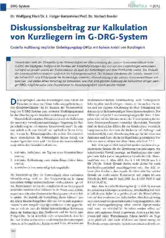 Vorschauseite 1: Diskussionsbeitrag zur Kalkulation von Kurzliegern im C-DRG-System