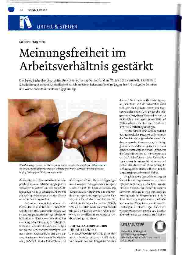 Vorschauseite 1: Meinungsfreiheit im Arbeitsverhältnis gestärkt