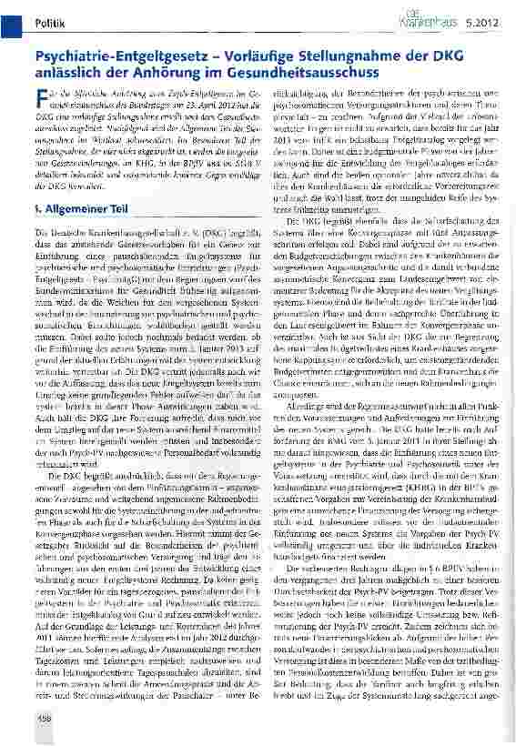 Vorschauseite 1: Psychiatrie-Entgeltgesetz - Vorläufige Stellungnahme der DKG anlässlich der Anhörung im Gesundheitsausschuss
