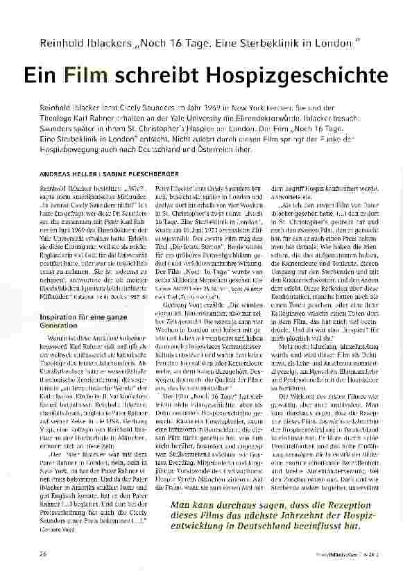 Vorschauseite 1: Reinhold Iblackers „Noch 16 Tage. Eine Sterbeklinik in London Ein Film schreibt Hospizgeschichte