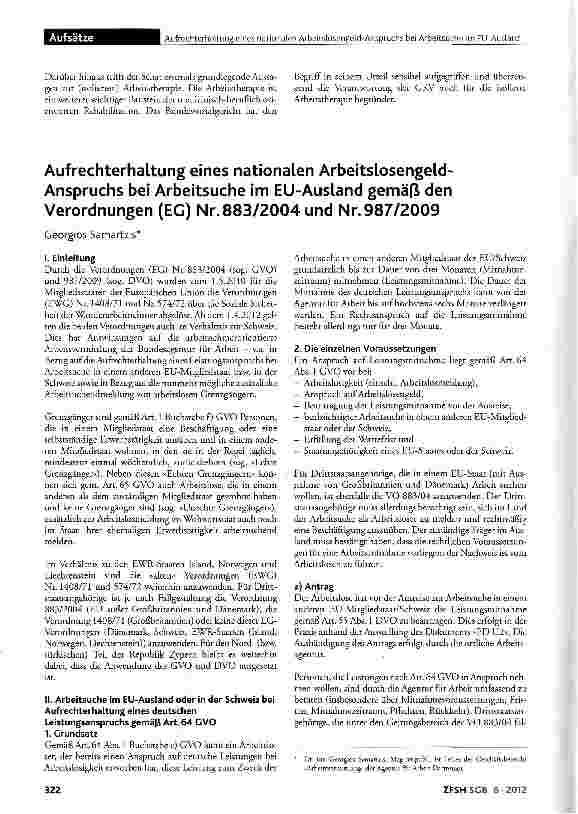 Vorschauseite 1: Aufrechterhaltung eines nationalen Arbeitslosengeld-Anspruchs bei Arbeitsuche im EU-Ausland gemäß den Verordnungen (EG) Nr. 883/2004 und Nr. 987/2009