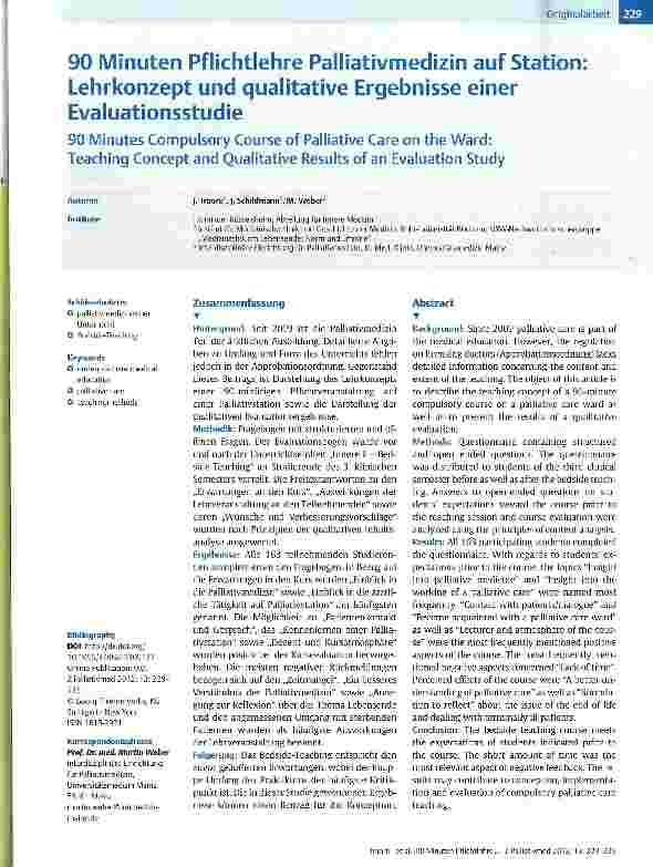 Vorschauseite 1: 90 Minuten Pflichtlehre Palliativmedizin auf Station: Lehrkonzept und qualitative Ergebnisse einer Evaluationsstudie