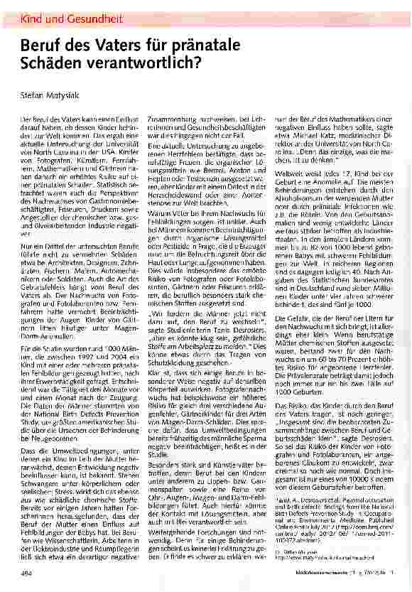 Vorschauseite 1: Beruf des Vaters für pränatale Schäden verantwortlich?