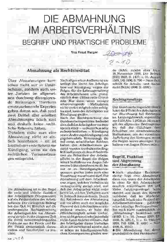 Vorschauseite 1: Die Abmahnung im Arbeitsverhältnis Begriff und praktische Probleme