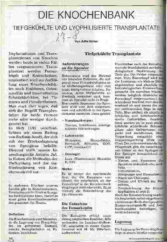 Vorschauseite 1: Die Knochenbank Tiefgekühlte und lyophilisierte Transplantate
