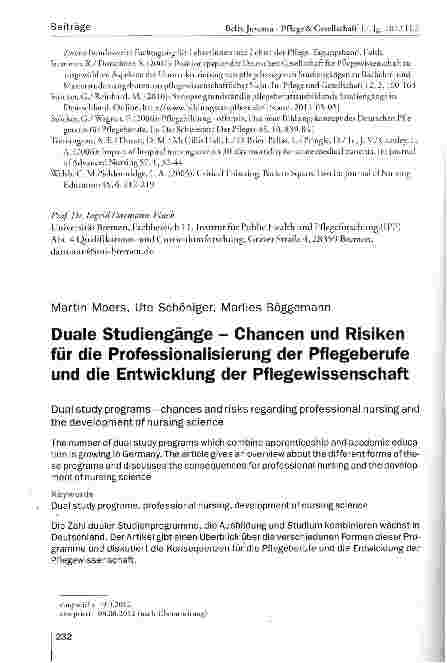 Vorschauseite 1: Duale Studiengänge - Chancen und Risiken für die Professionalisierung der Pflegeberufe und die Entwicklung der Pflegewissenschaft